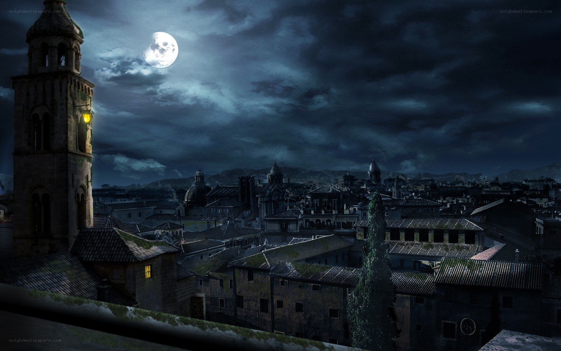 Moonlit city at night