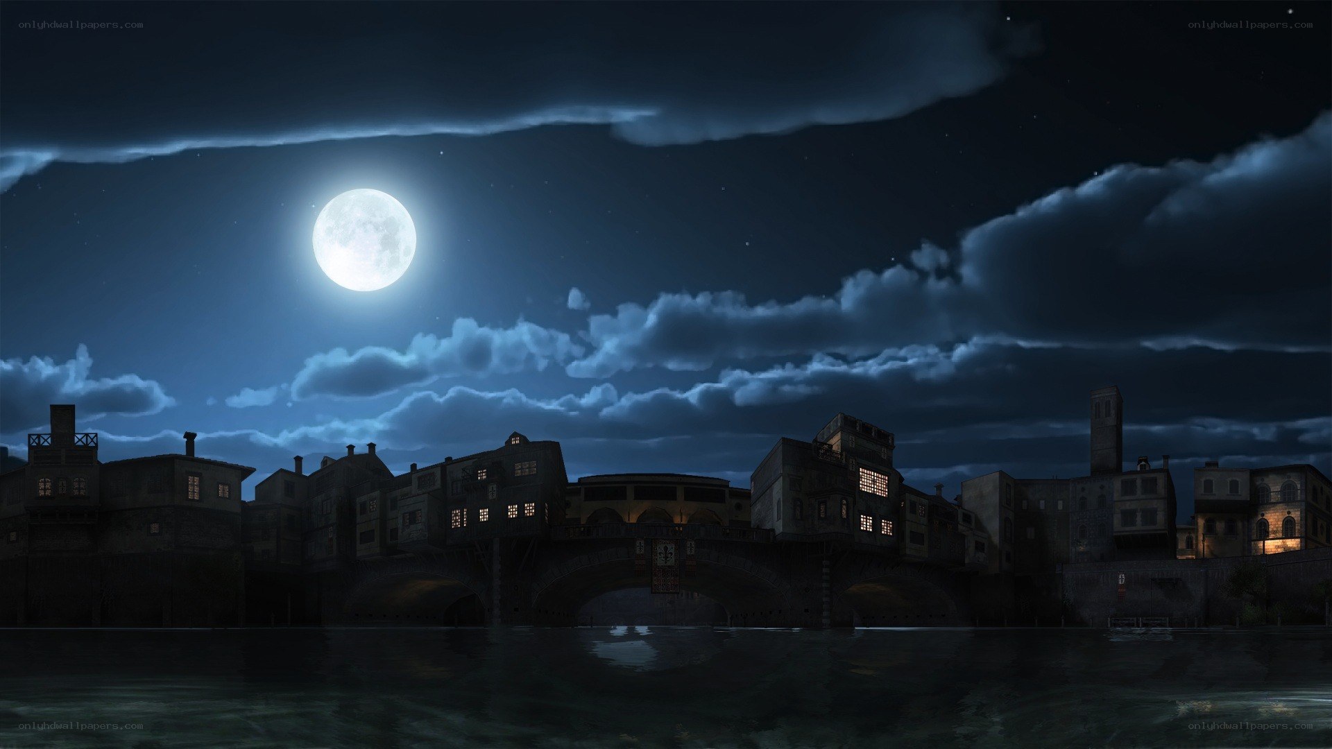 Moonlit city at night