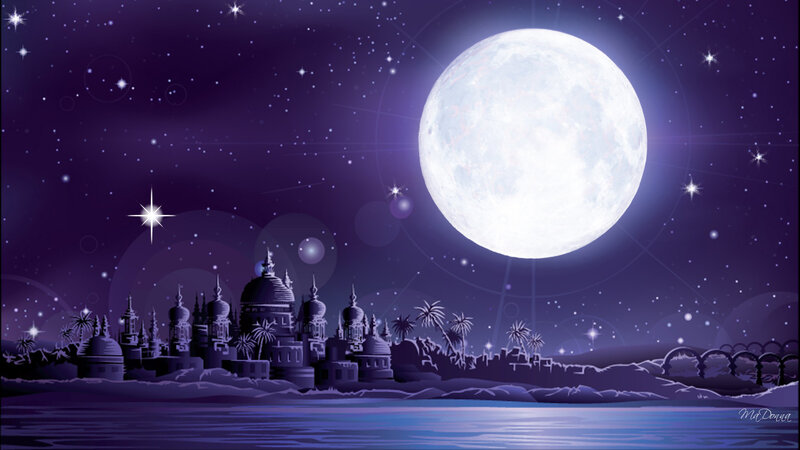 Moonlit city by the water