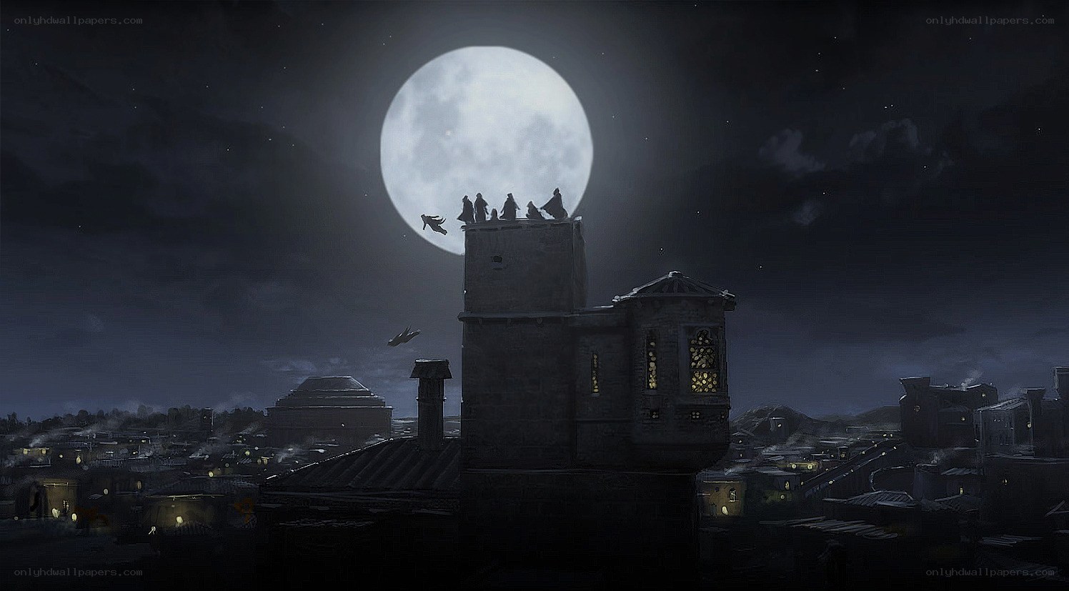 Moonlit city rooftop scene