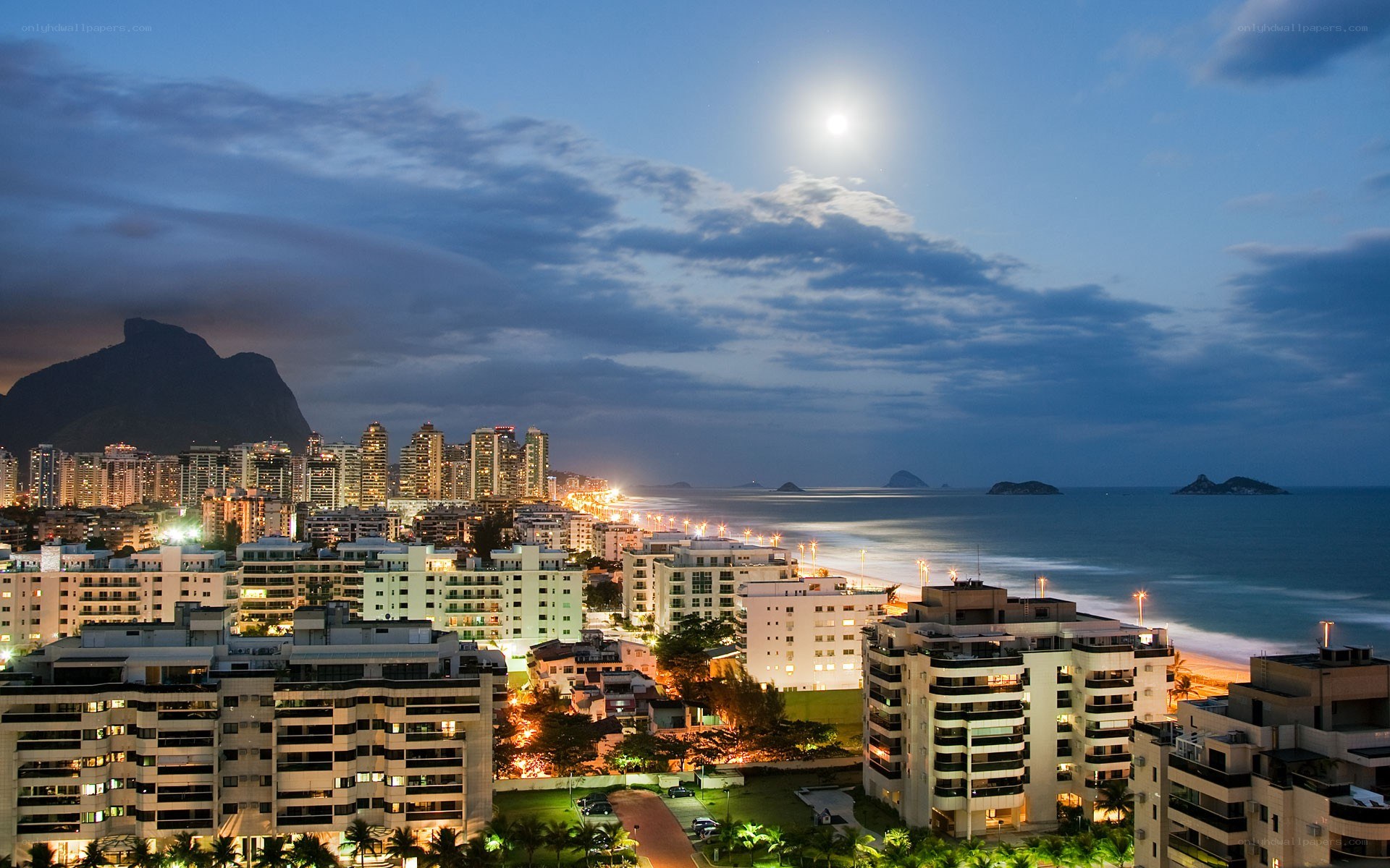 Moonlit cityscape at night