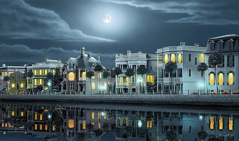Moonlit cityscape at night
