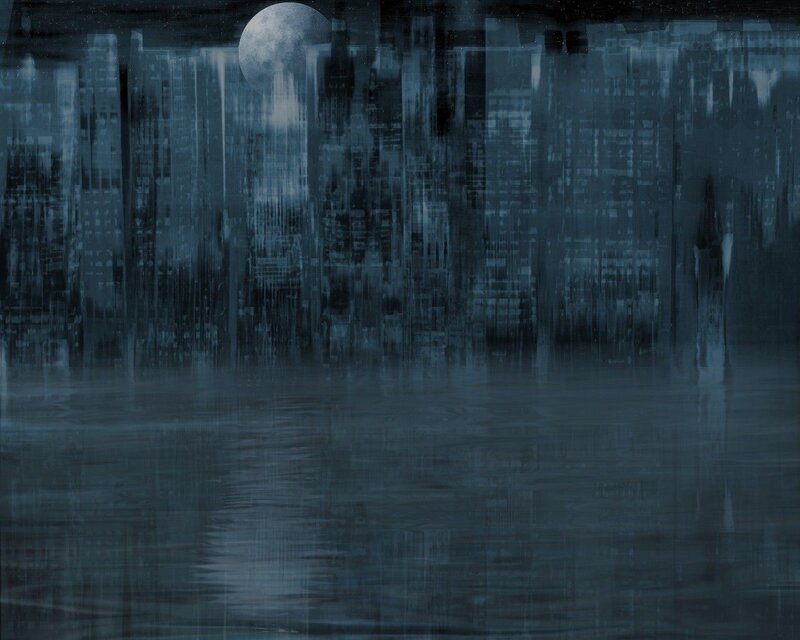 Moonlit cityscape at night