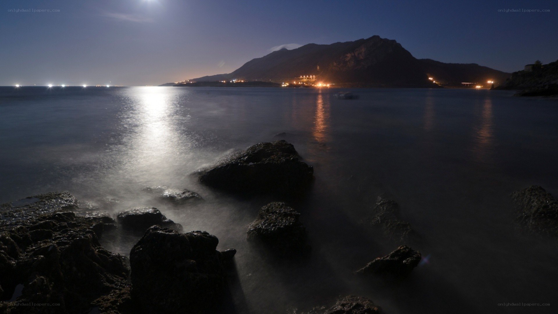 Moonlit coast at night