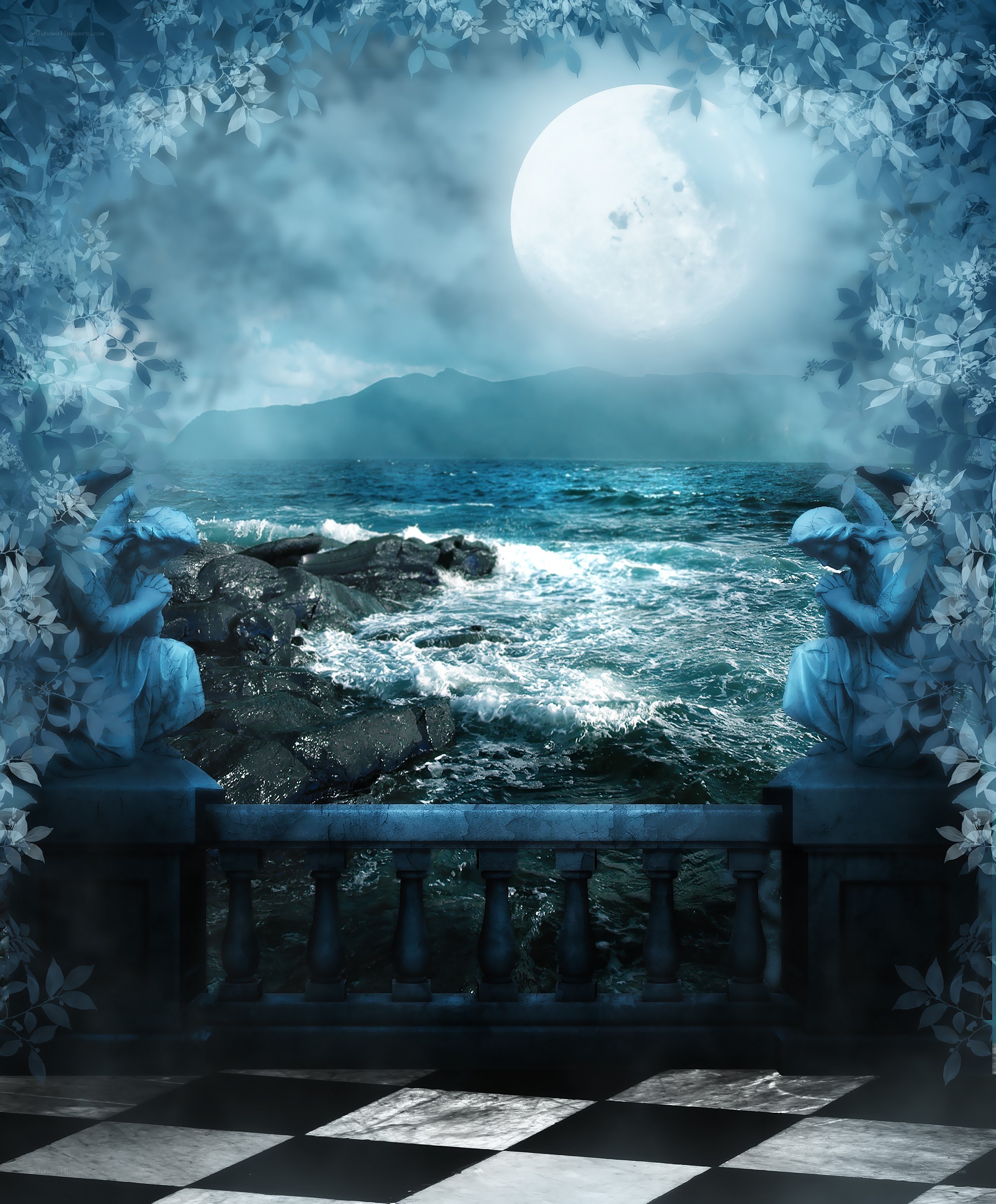 Moonlit coastal garden scene