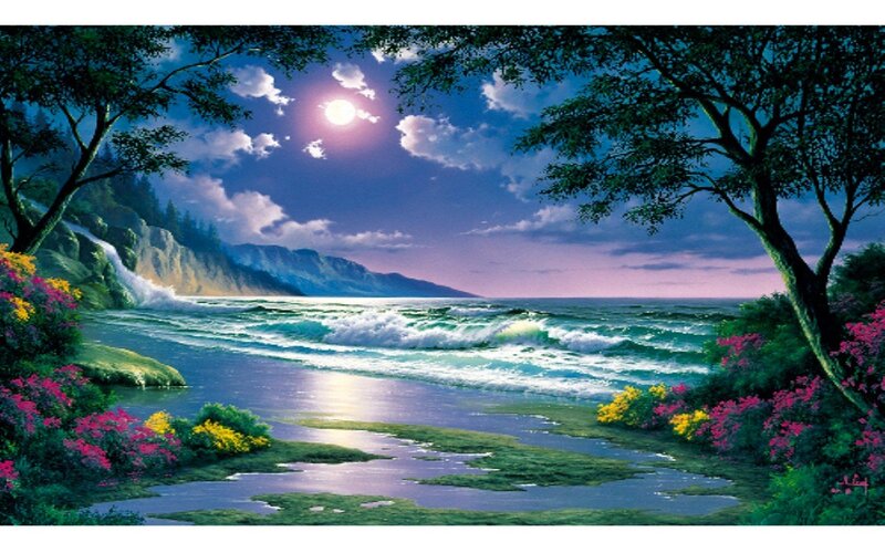 Moonlit Coastal Landscape — Blue, Serene