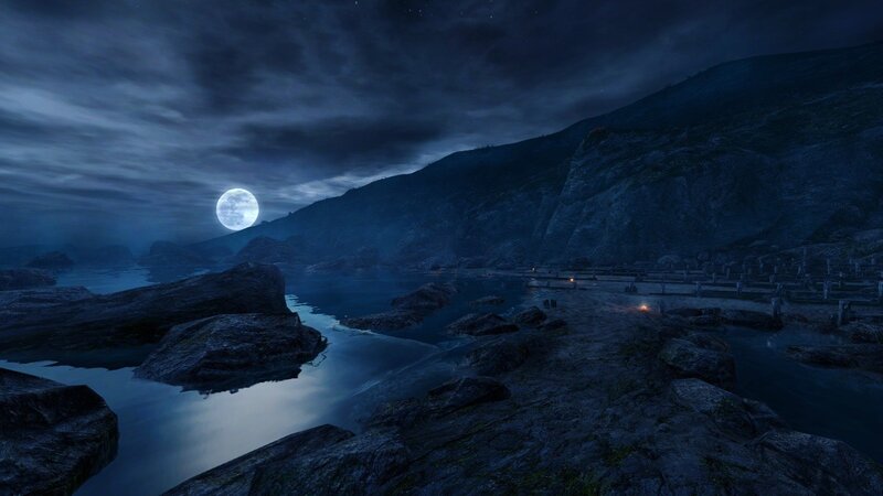 Moonlit coastal ruins at night