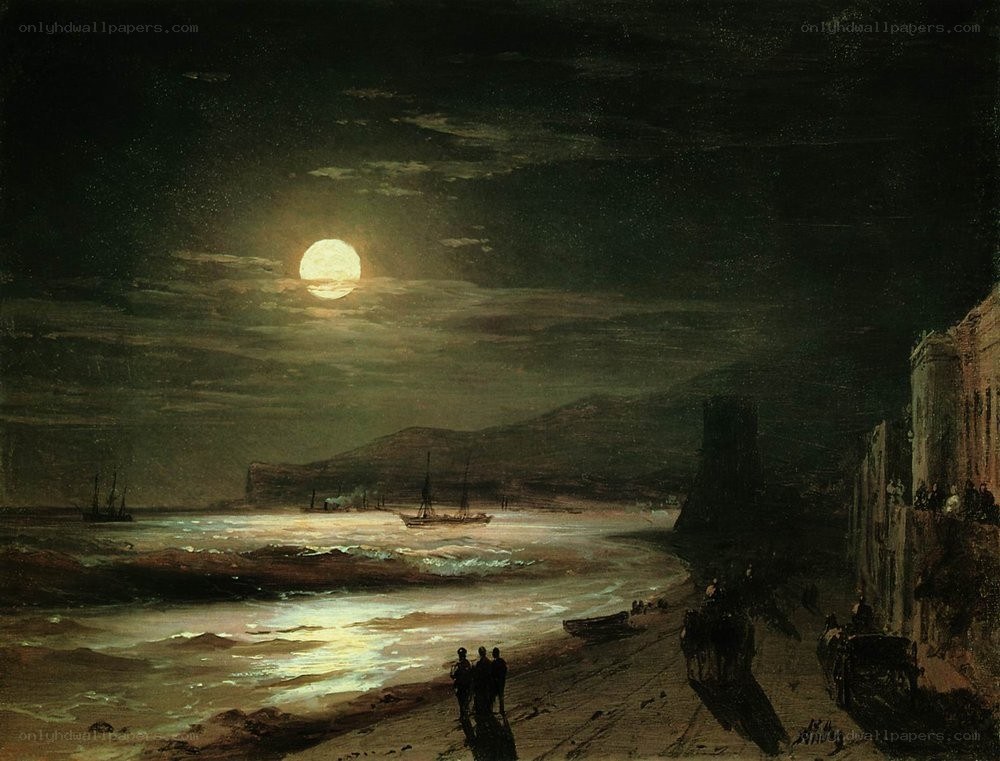 Moonlit coastal scene at night