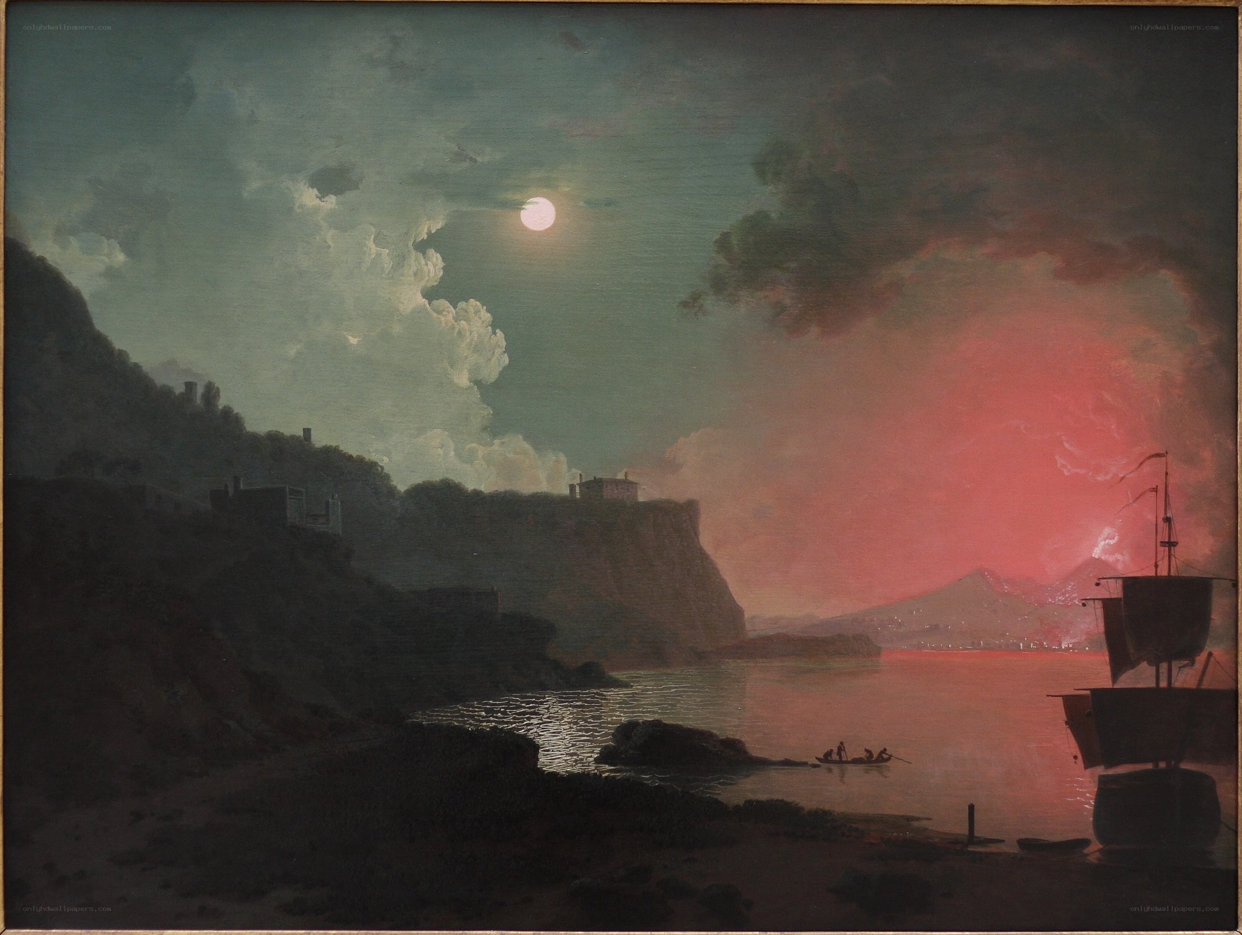 Moonlit coastal scene with eruption