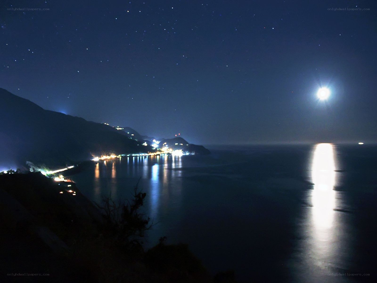 Moonlit coastal town at night