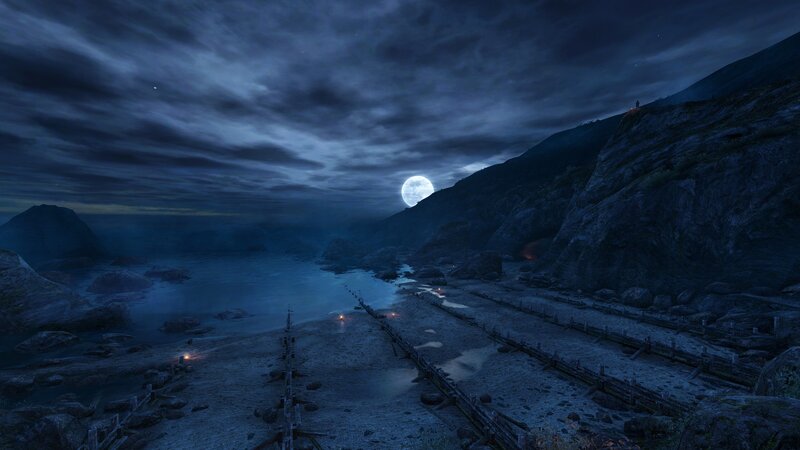 Moonlit coastal village at night