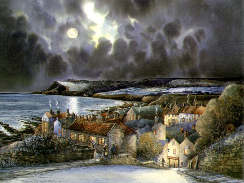 Moonlit coastal village scene