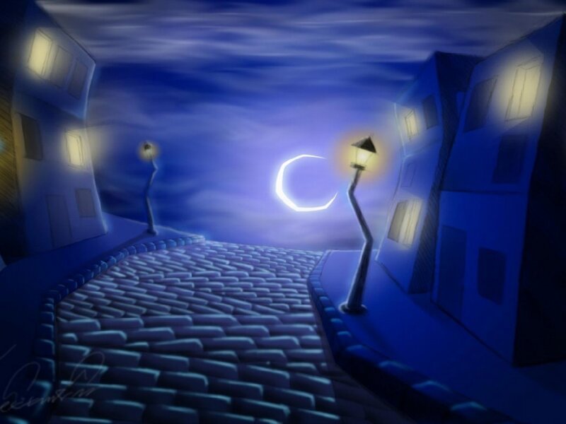 Moonlit cobblestone street
