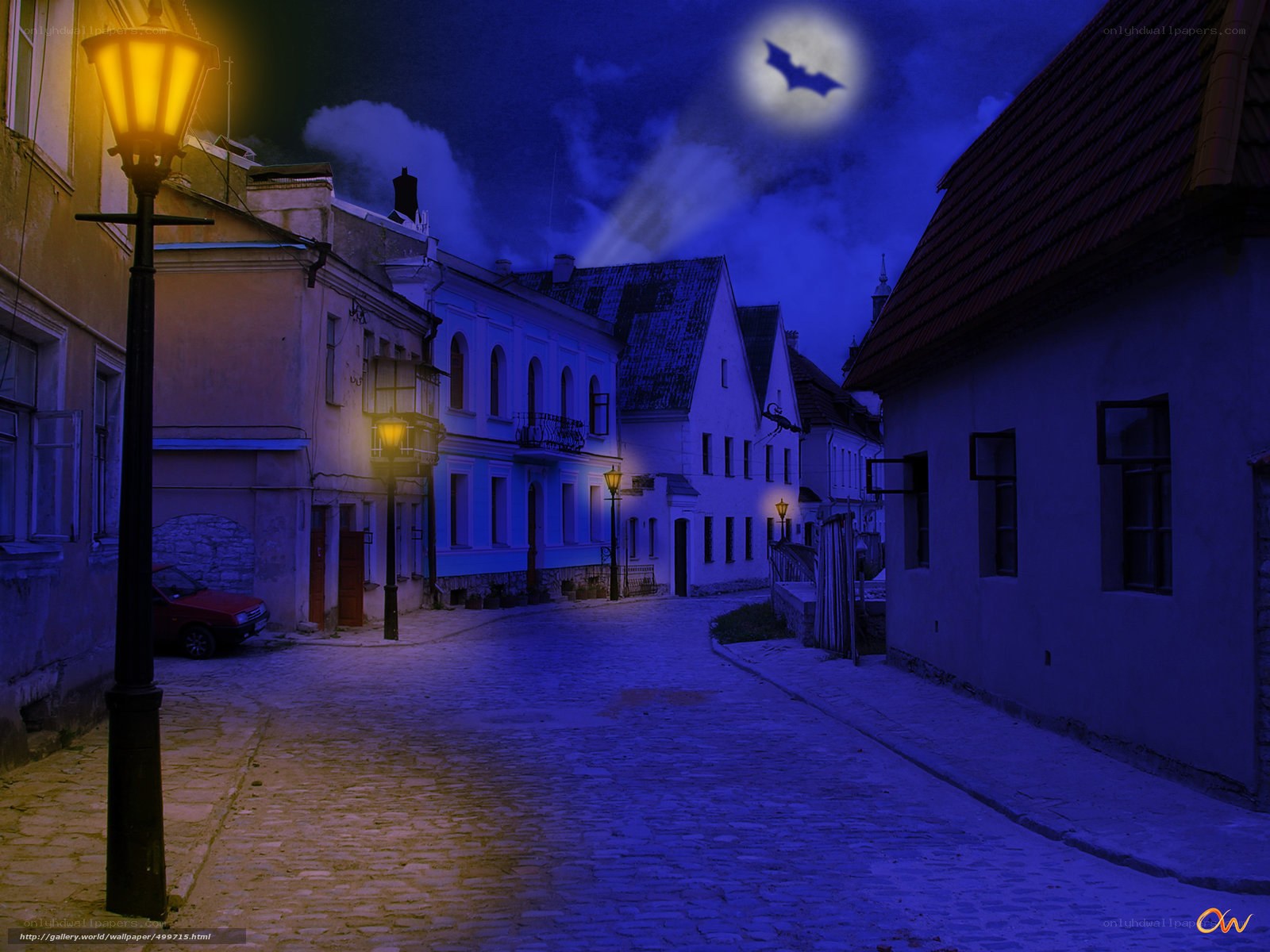 moonlit cobblestone street
