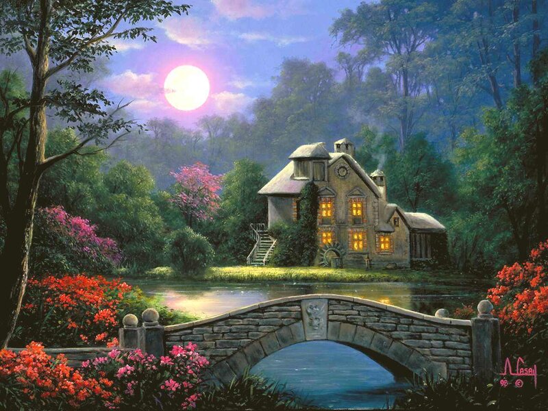 Moonlit cottage by a river