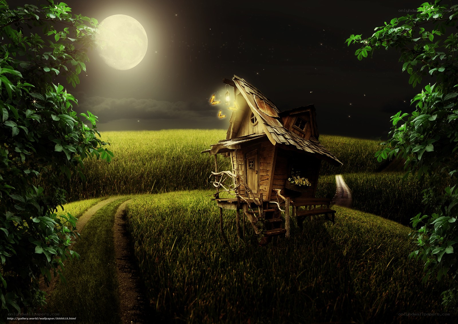 Moonlit cottage in a field