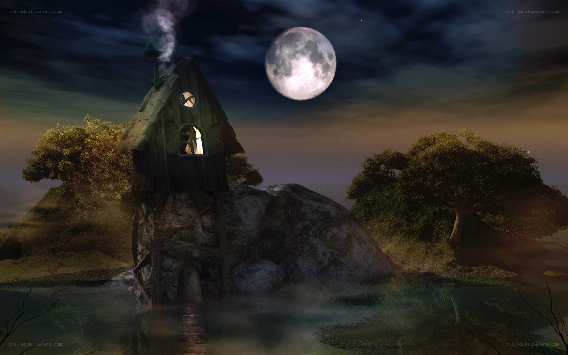 Moonlit cottage on a rock