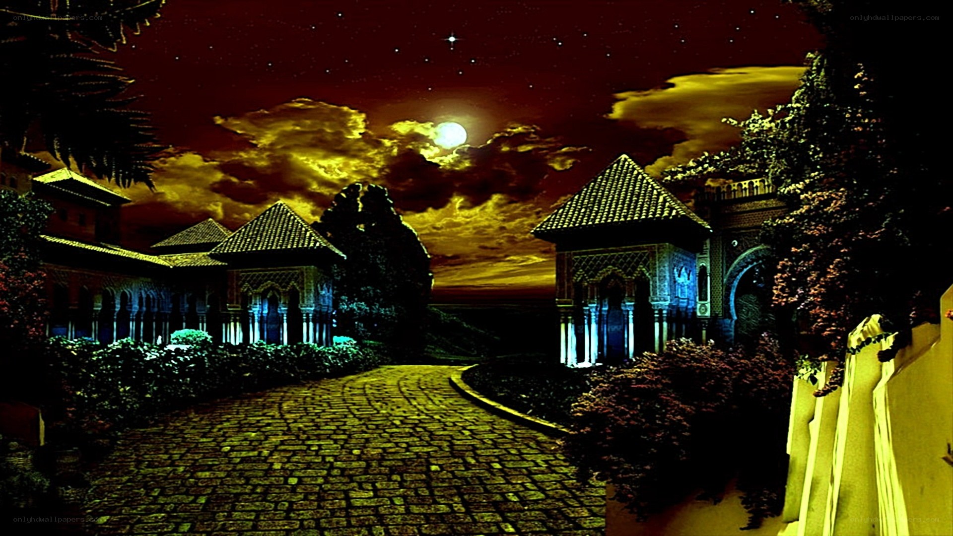 Moonlit courtyard at night