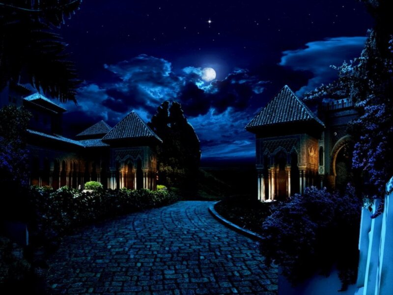 Moonlit Courtyard at Night — Blue, Serene