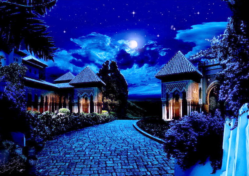 Moonlit Courtyard at Night — Blue