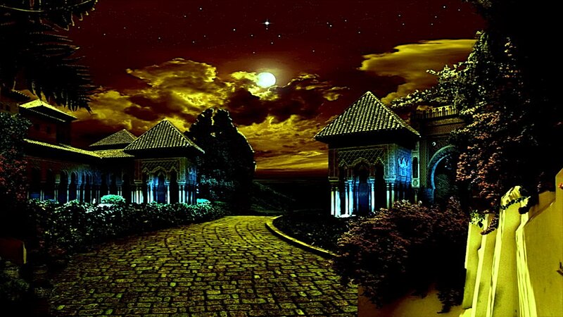 Moonlit Courtyard at Night — Yellow, Dramatic