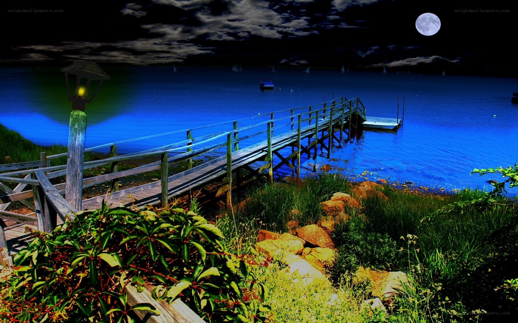 Moonlit dock at night