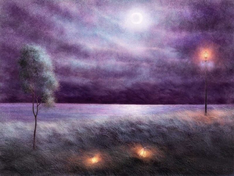 Moonlit field with lanterns