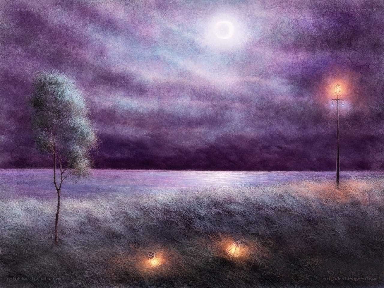 Moonlit field with lanterns