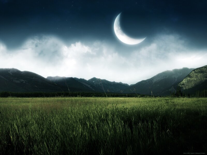 Moonlit field with mountains