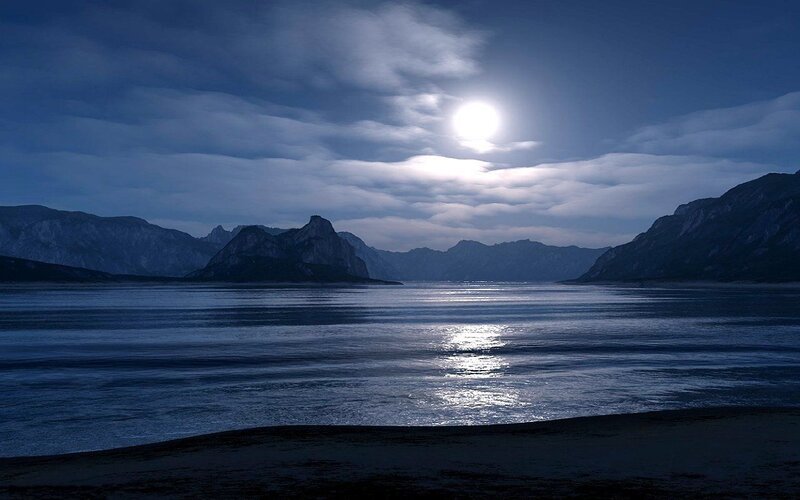 Moonlit Fjord at Night — Blue
