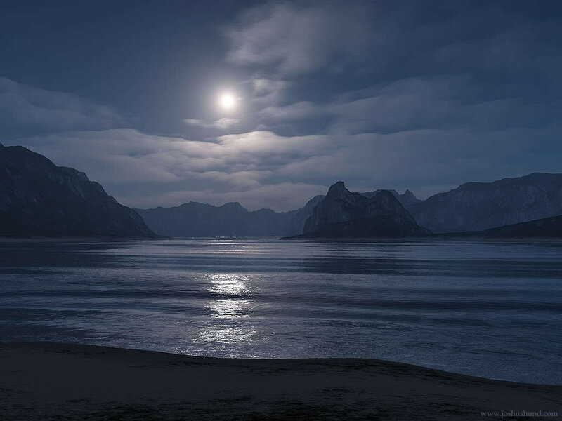 Moonlit fjord at night