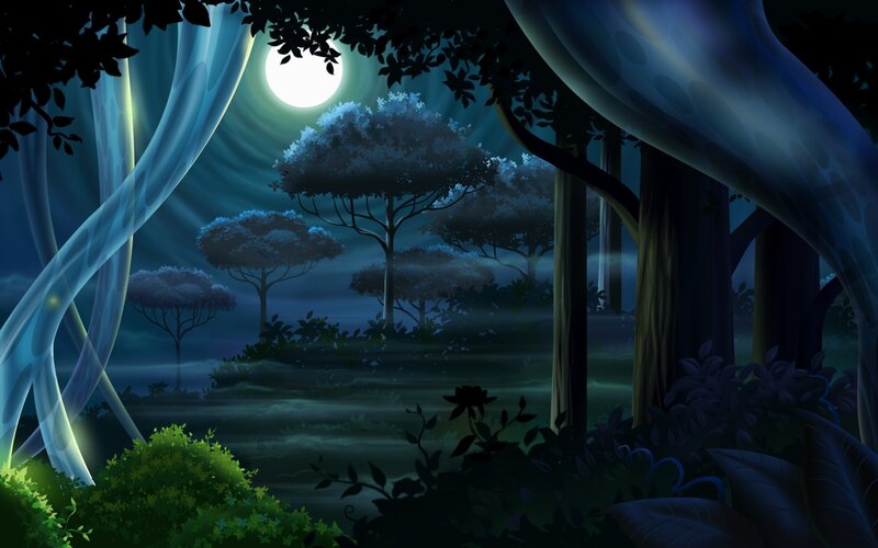 Moonlit Forest at Night — Blue, Serene, Digital Art