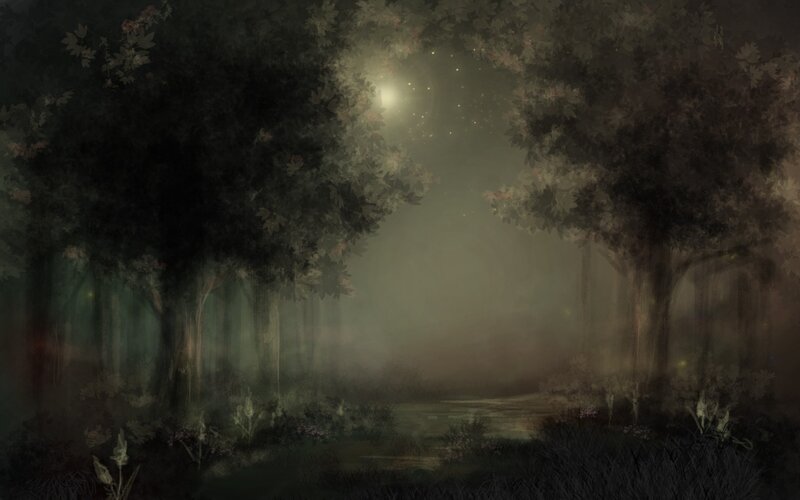 Moonlit Forest Path — Green, Mysterious