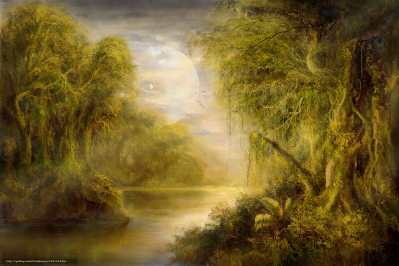 Moonlit forest river scene