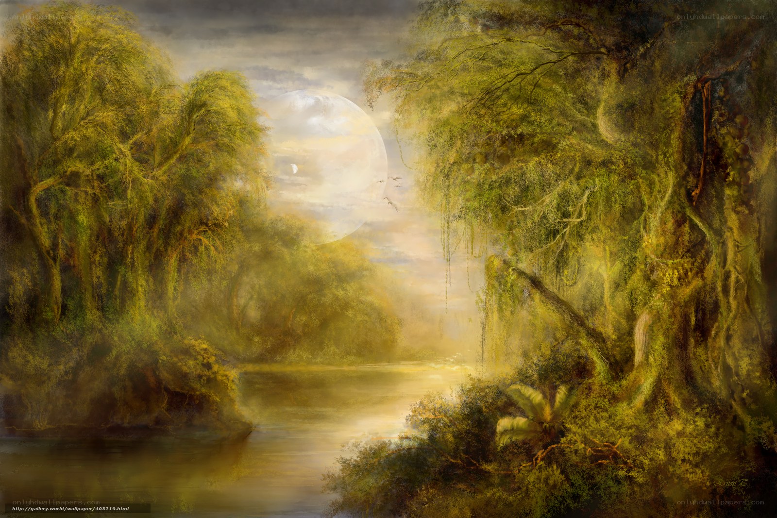 Moonlit forest river scene