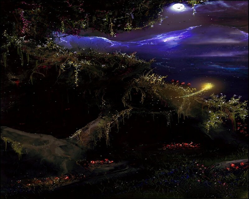 moonlit forest with glowing flora