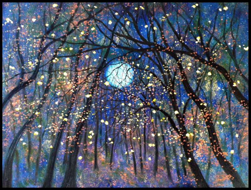 Moonlit forest with glowing lights
