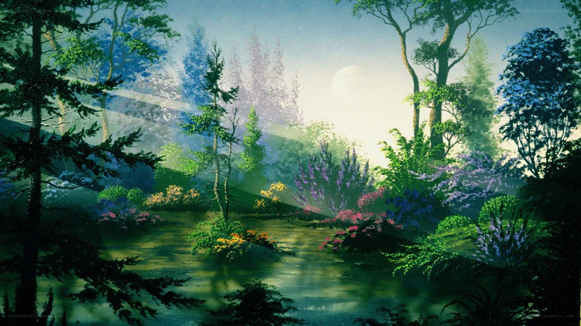 Moonlit forest with glowing stream