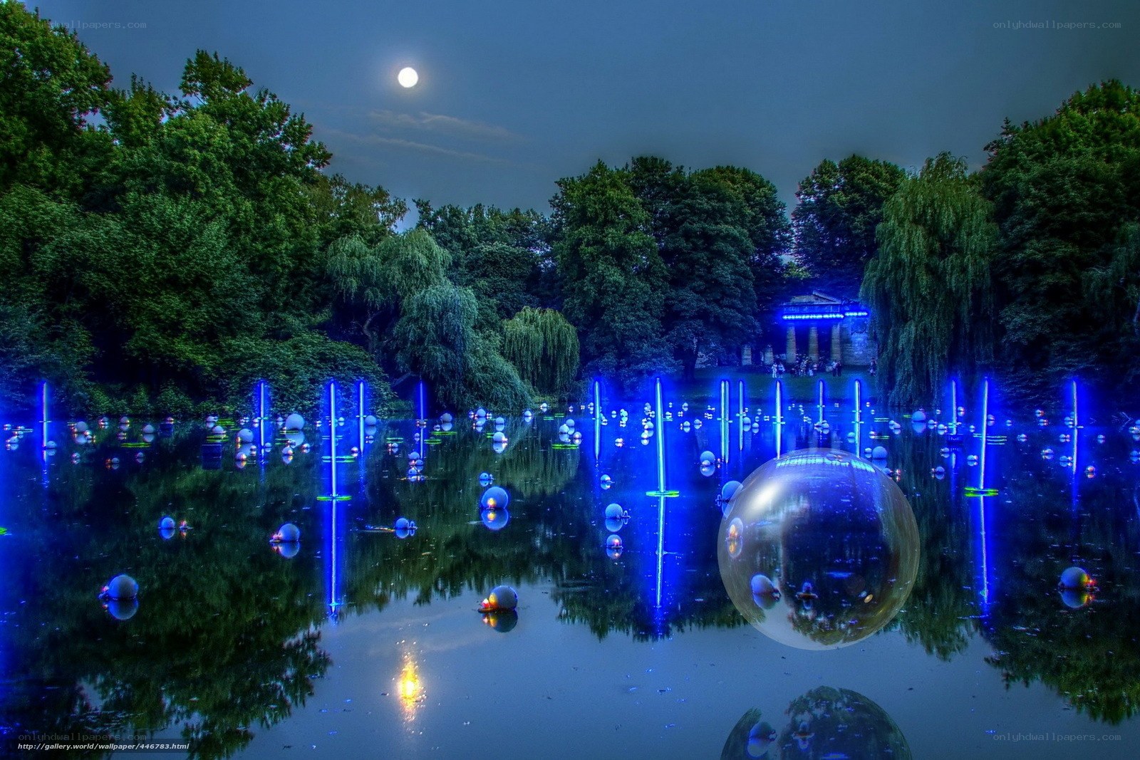 Moonlit fountain art installation