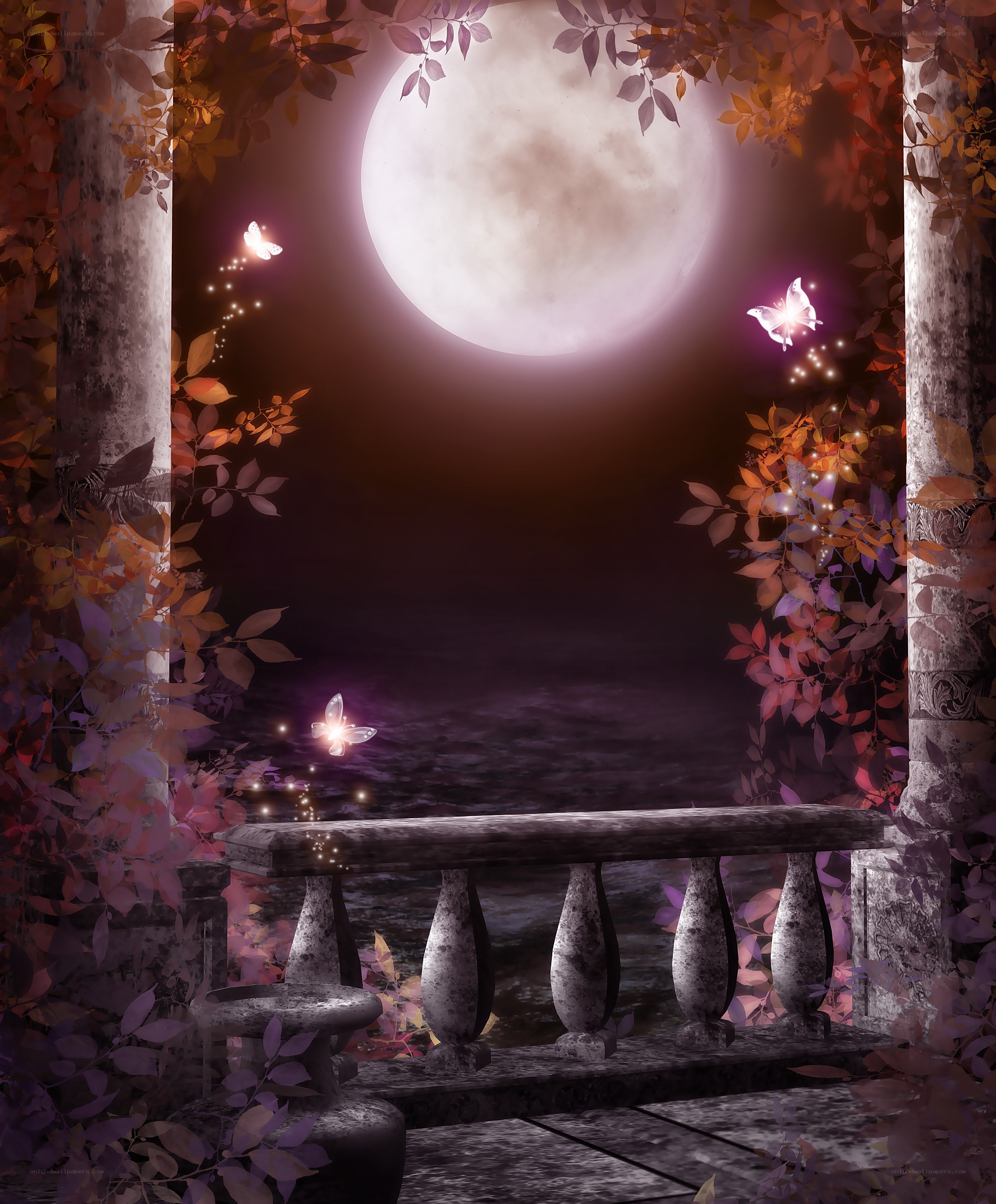 Moonlit garden with butterflies