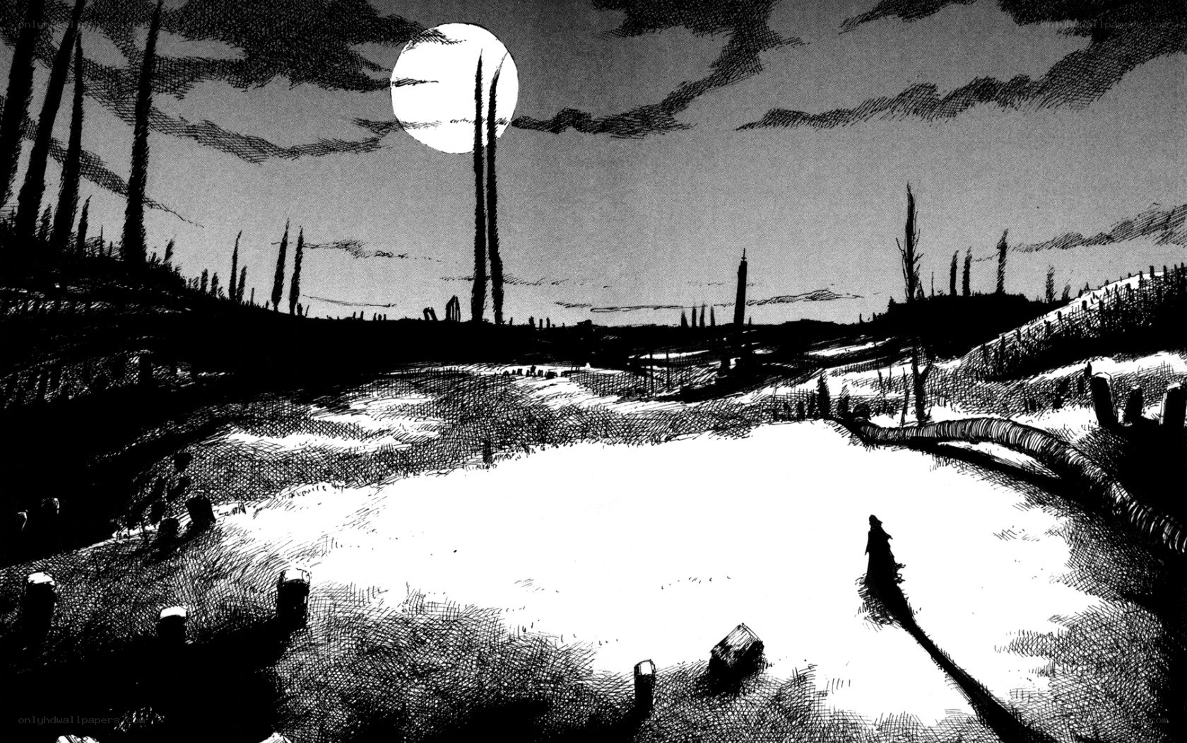 Moonlit graveyard at night
