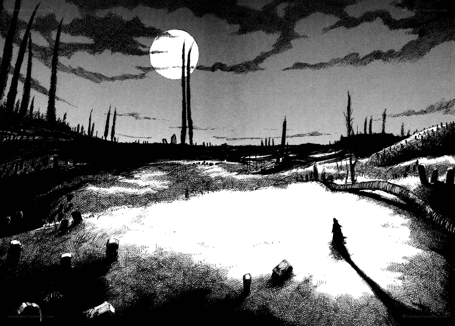 Moonlit graveyard at night