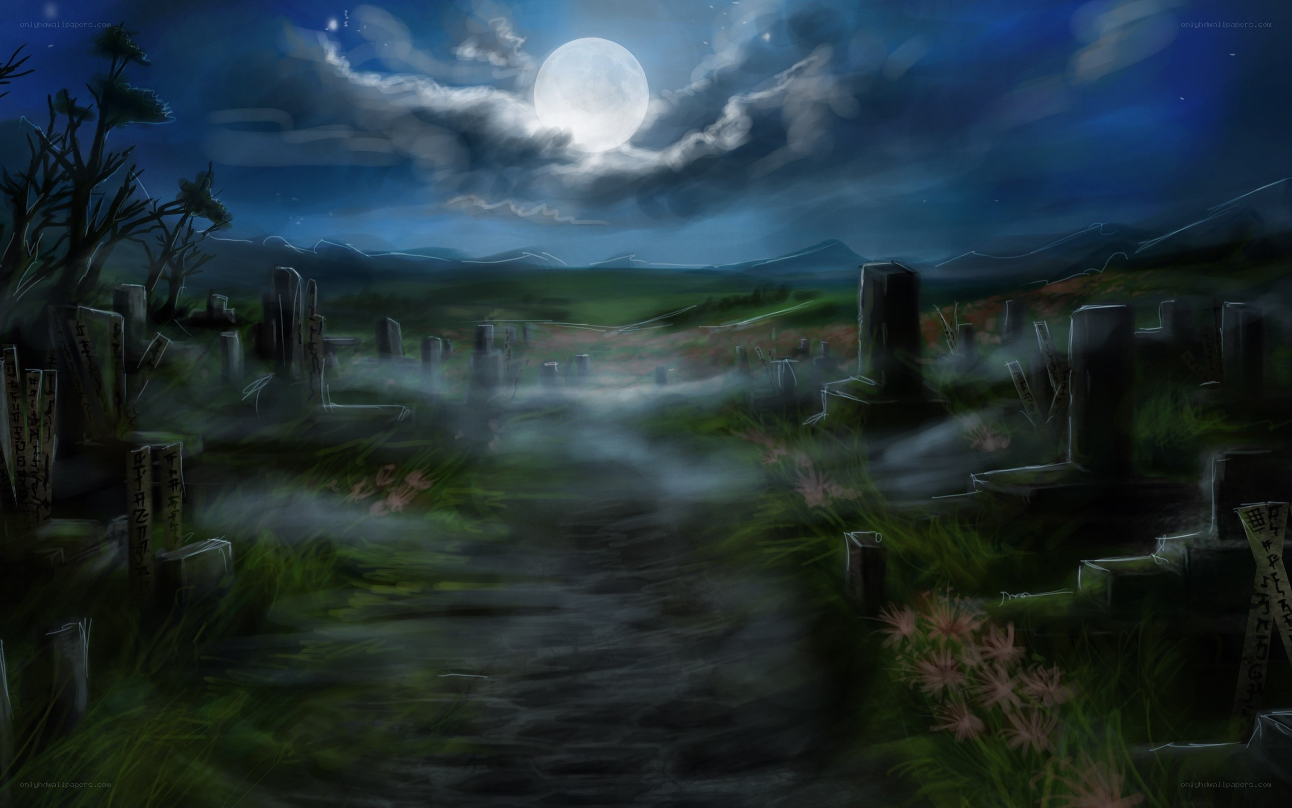 Moonlit graveyard at night