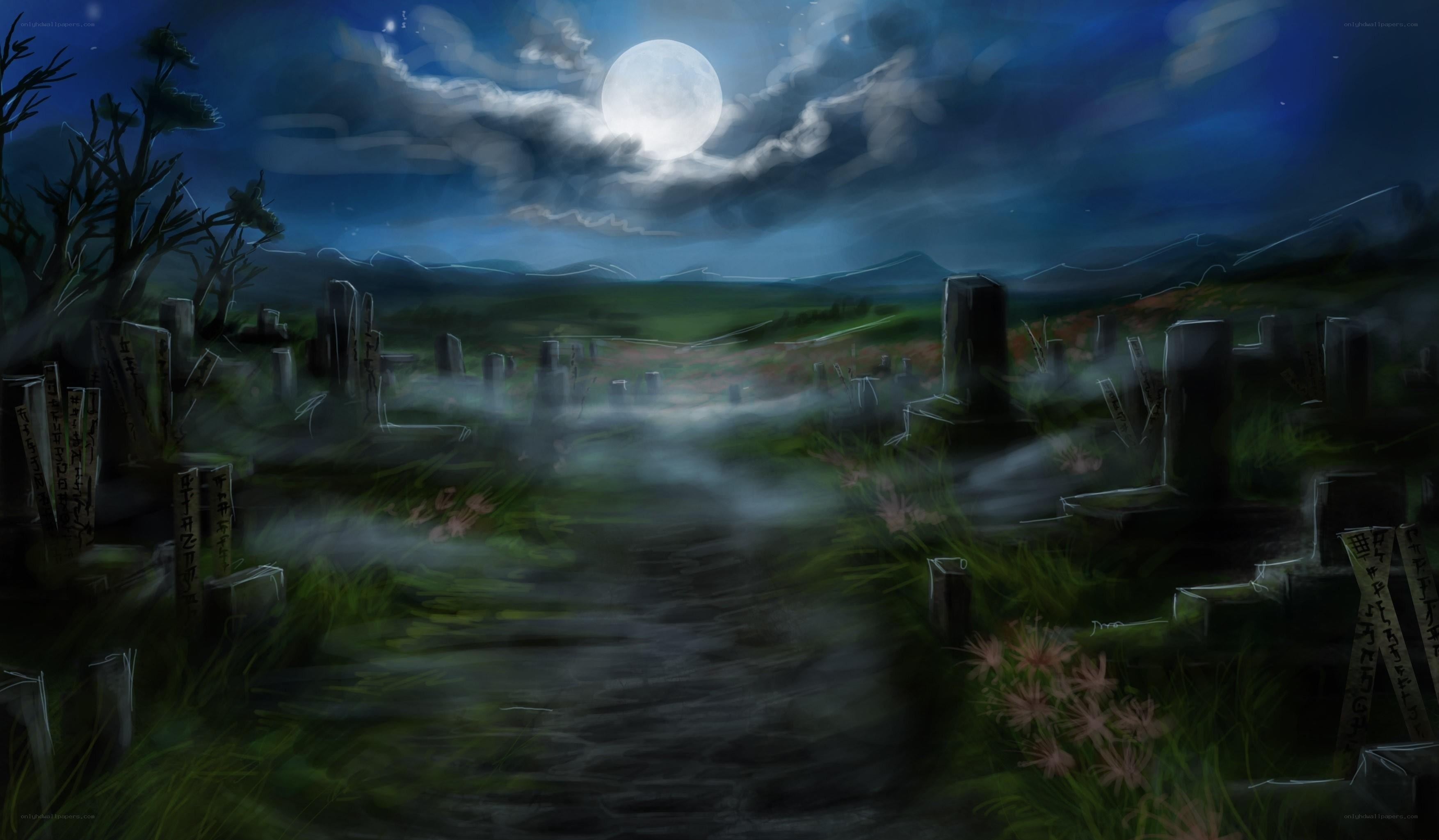 Moonlit graveyard at night