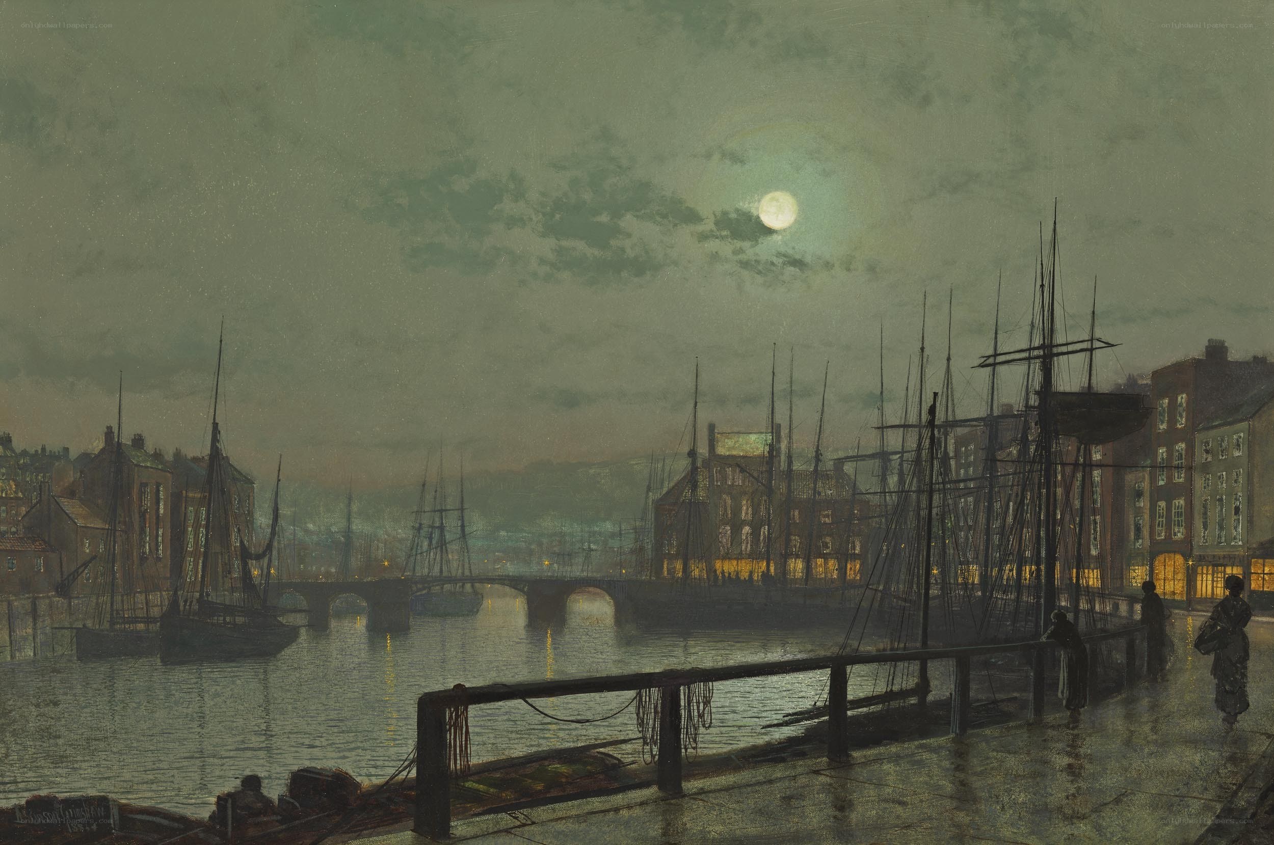 Moonlit harbor at night