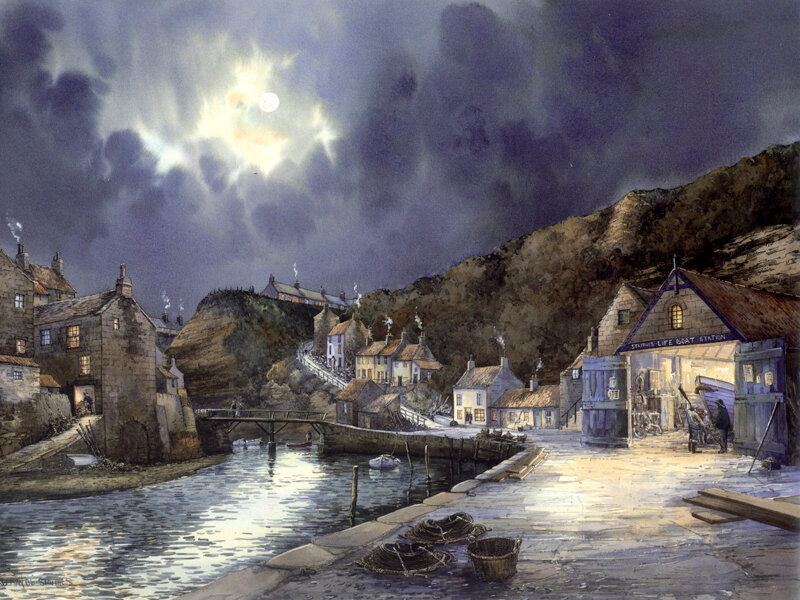 Moonlit harbor at night