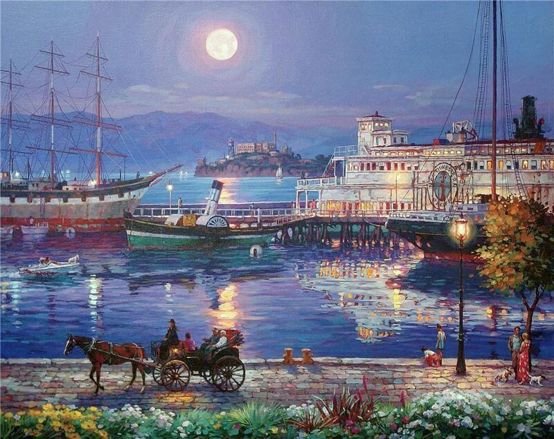 Moonlit Harbor at Night