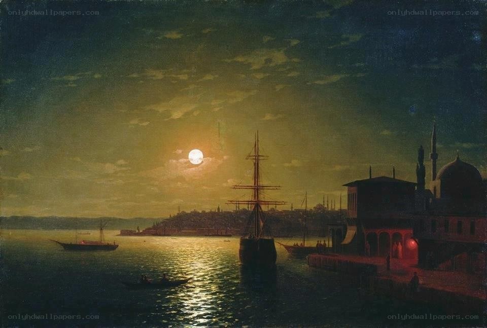 Moonlit harbor at night