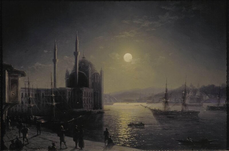 Moonlit harbor with mosque