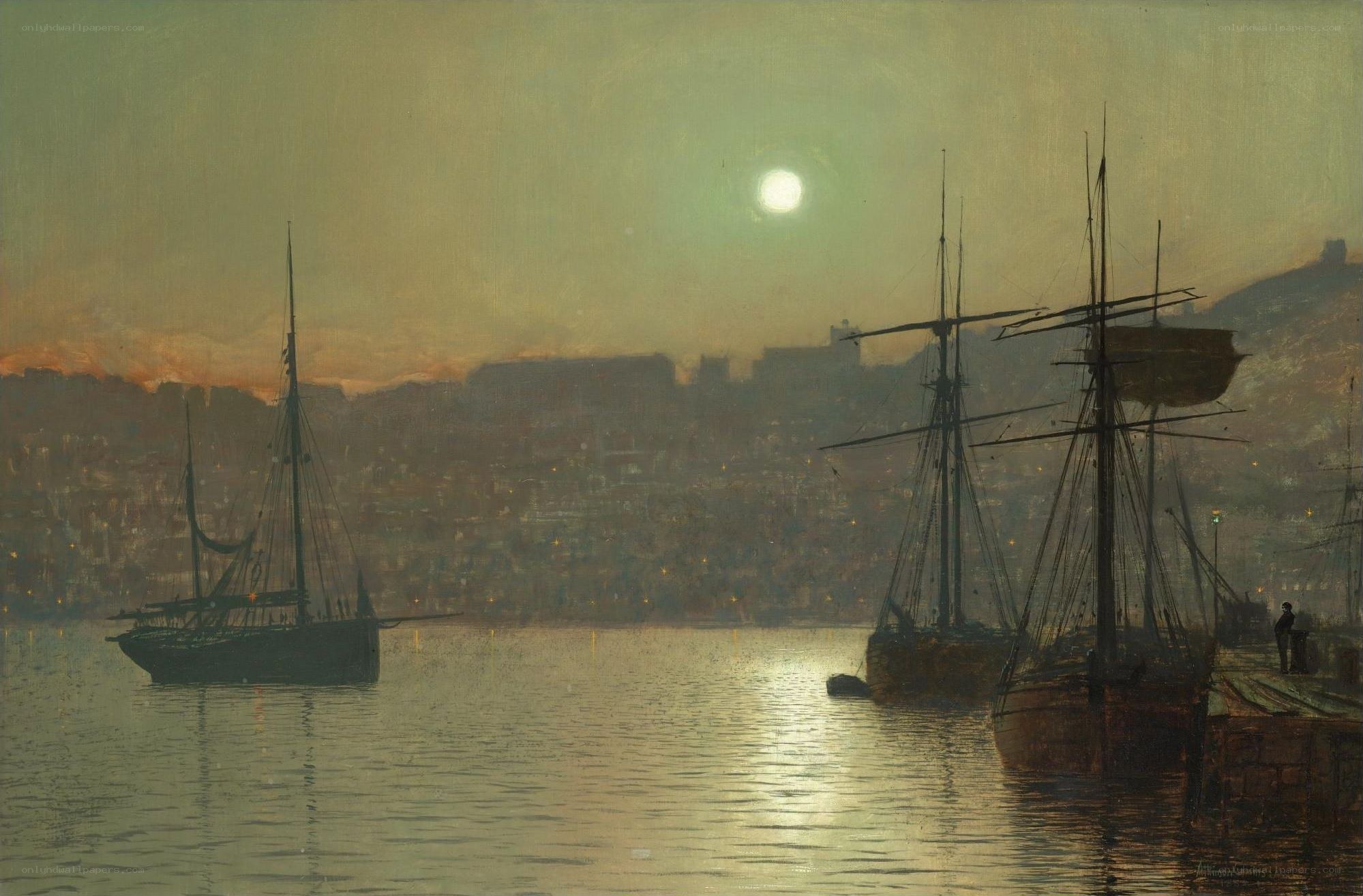 Moonlit harbor with ships